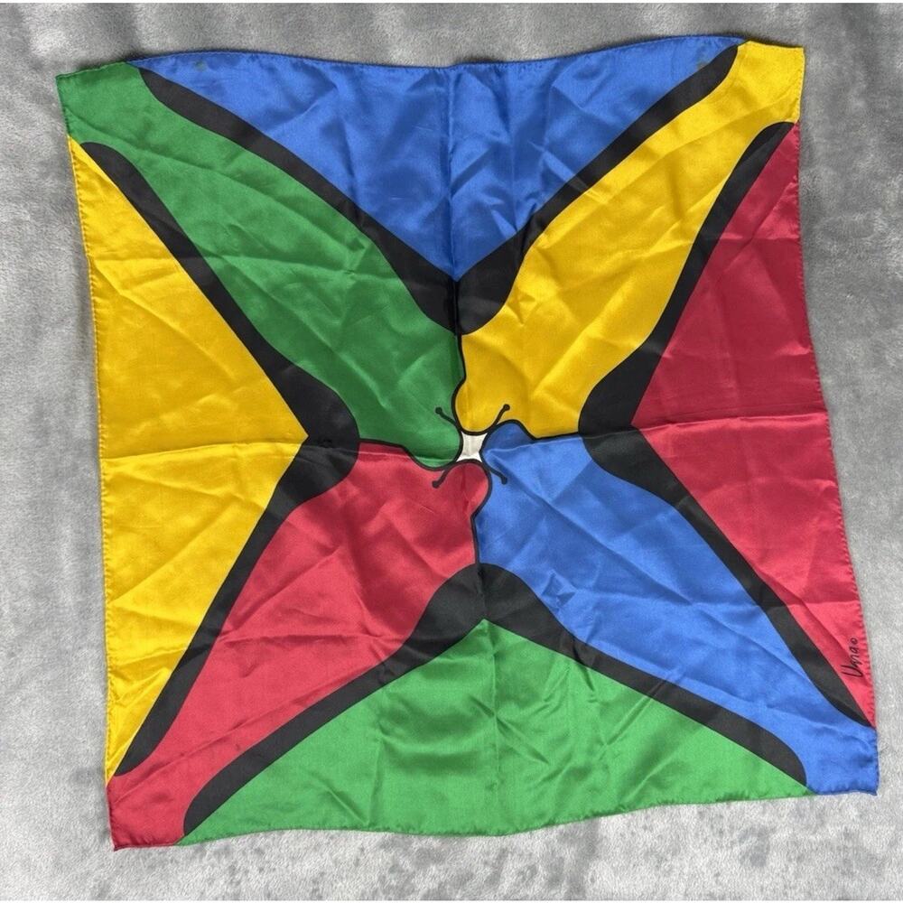 Vera Neumann Butterfly Silk Scarf Hand Rolled Bold Color Block Signed VERA